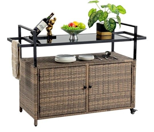 Outdoor Wicker Bar Cart, Patio Wine Serving Cart w/ Wheels – Brand New! $200 (Retails $349.99)