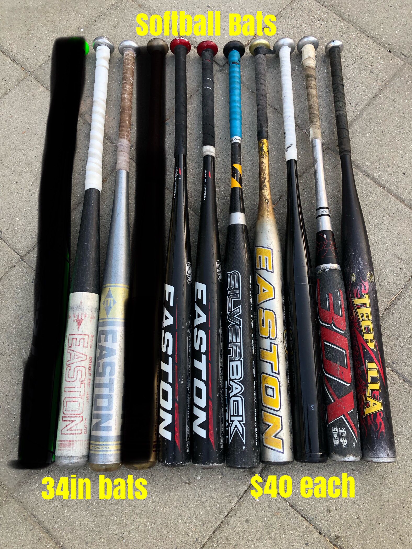 Softball Bats 34in $40 Each Have More Equipment 