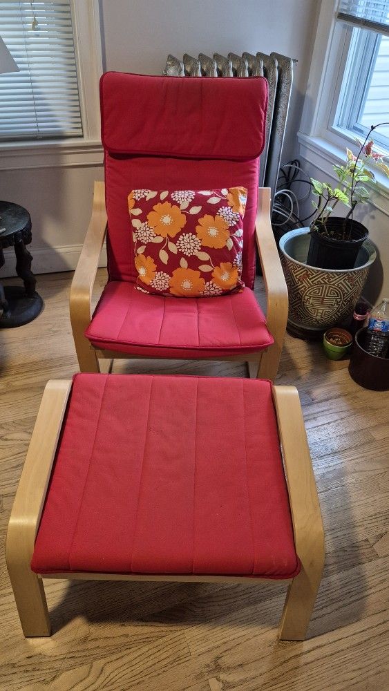 2 Matching Red IKEA Poang Chairs/Ottomans with Pillows