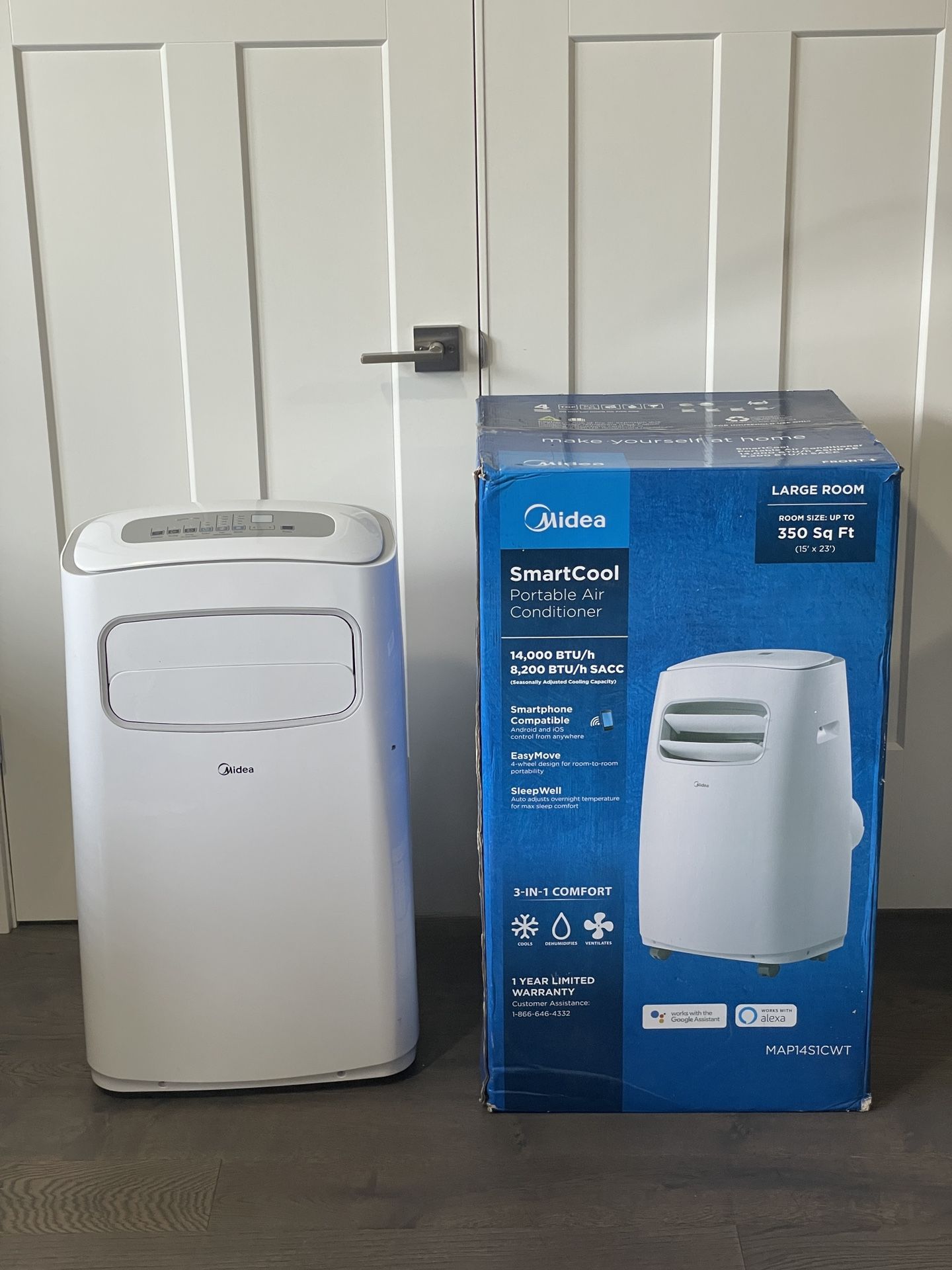 MIDEA MAP14S1CWT 3-in-1 Portable Air Conditioner, Dehumidifier, Fan, for Rooms up to 330 sq ft Enabled, 14,000 BTU DOE (8,200 BTU SACC) control with R
