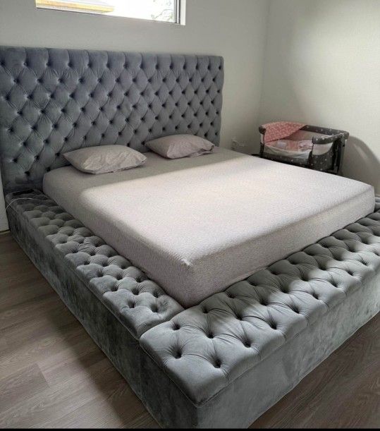 Queen Bed With Storage New Tufted Grey