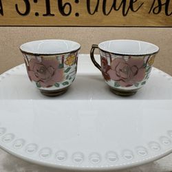 2 pc. Roses Pearlized Vintage English Pink Rose Heavy Gold/ Titanium Tea Cups 