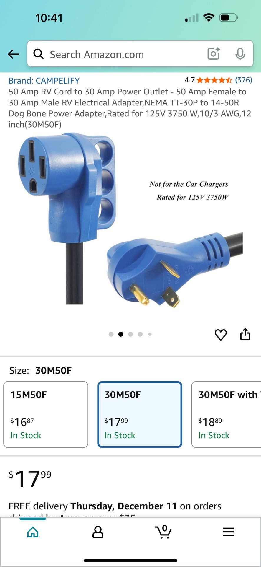 50 Amp RV Cord to 30 Amp Power Outlet - 50 Amp Female to 30 Amp Male RV Electrical Adapter, NEMA TT-30P to 14-50R Dog Bone Power Adapter, Rated for 12