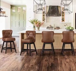 Set Of 4 Hampton 26 in. Dark Brown Solid Wood Frame Counter Stool with Back Faux Leather Upholstered Swivel Bar Stool
