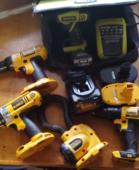 DeWalt Cordless Hand Drills w Batteries & Charger(s) AND Ryobi Drill Charger & Battery w Branded Case
