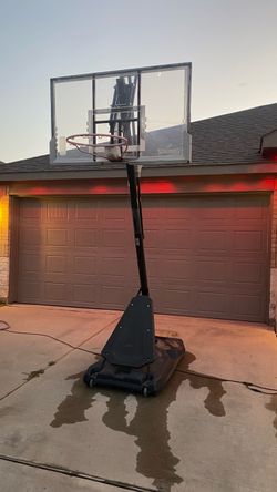Portable outdoor basketball hoop.