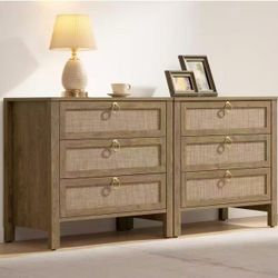 New assembled Nightstand Set 2 with Drawers - Large Rattan Bedside Table with Golden Handle, 3 Drawers Night Stand Tall End Table 26.78" Wide Side Tab