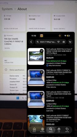 Dell i7 laptop, 16 GB DDR4 RAM, 256 SSD