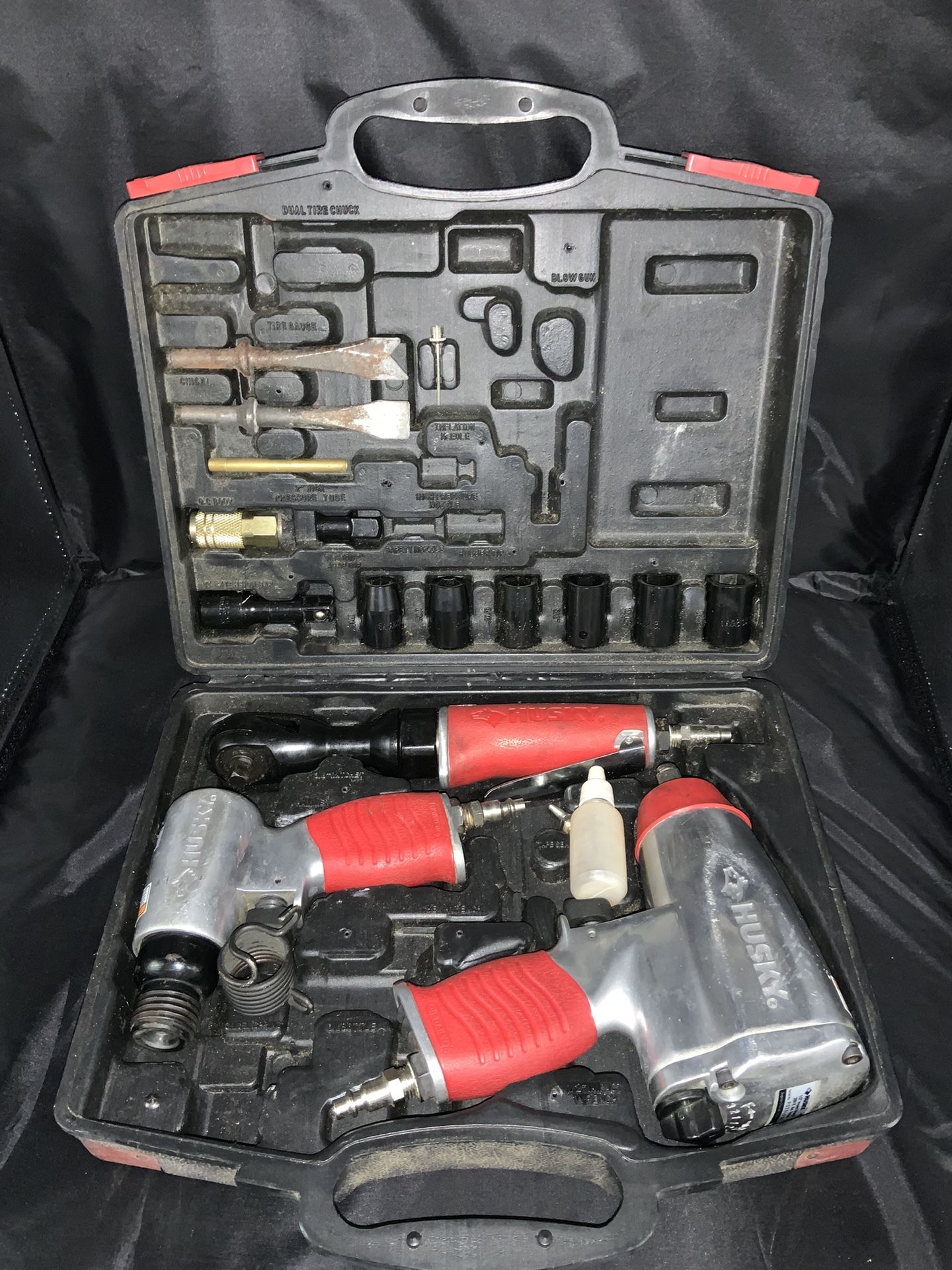 Husky 4-Pc Air Tool With 1/2inch Impact, 3/8inch Ratchet & Hex Wrench