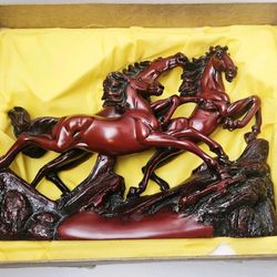 Rare Asian Large Mandarin Red Resin 3 Galloping Horses Figurine