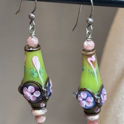 Bottle Lampwork Glass and Stone Beaded 925 Earrings 