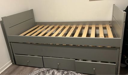 Gray Twin Bed with trundles and Storage Drawers