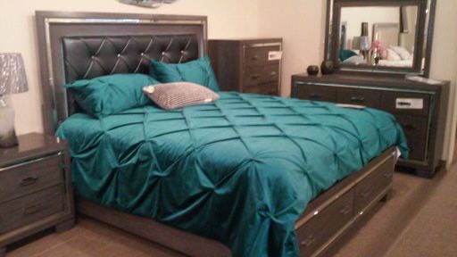 King size upholstered bed, nightstand, and chest 