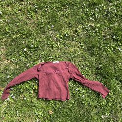 Burgundy Cropped Knit Pullover Blouse Solid Casual Regular Long Sleeve Women