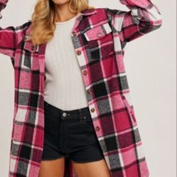 (2) Plaid shirt jacket in lovely Pinkblush/Orange and white plaid flannel. Size S. $40/ea.