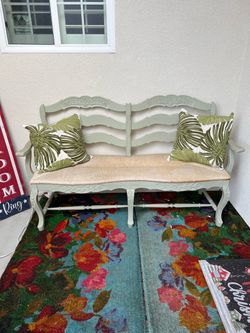 French Country Painted Wood/Rattan Bench with Rush Seat