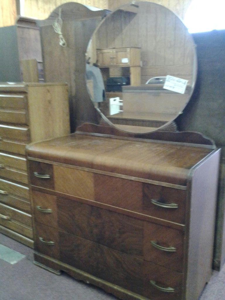 Antique waterfall 3 drawer dresser round mirror-44x20x35"high, mirror 32"Dia