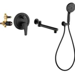 FLG Single-Handle Wall Mount Roman Tub Faucet with Handheld Shower in Matte Black