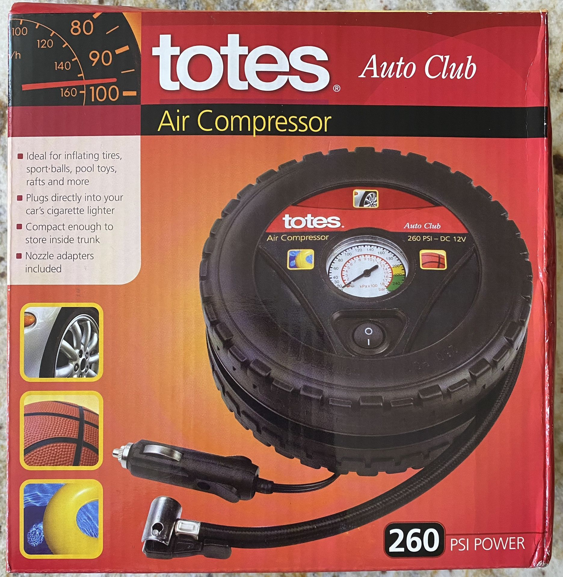 AIR COMPRESSOR - TOTES AUTO CLUB AIR COMPRESSOR 260 PSI POWER WITH BUILT IN PRESSURE GAUGE – MODEL 71792J8-01 – BRAND NEW FACTORY SEALED BOX