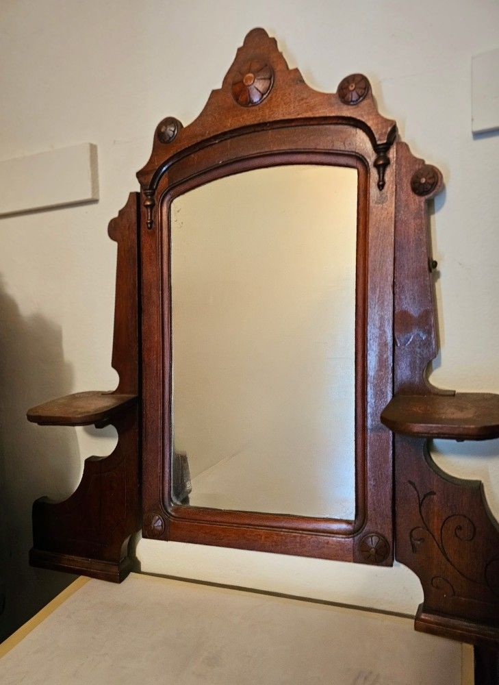 GORGEOUS ANTIQUE WOOD/ MARBLE DESK WITH MIRROR