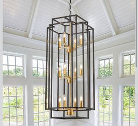 12-Light Lantern Tiered Pendant Light Fixtures, Black Metal Farmhouse Chandelier