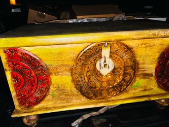 Hand-Carved Wooden Trunk with Mandala Detail