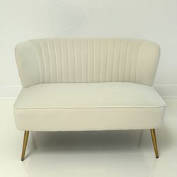 Ivory Velvet 2-Seat Loveseat with Gold Legs – Excellent Condition