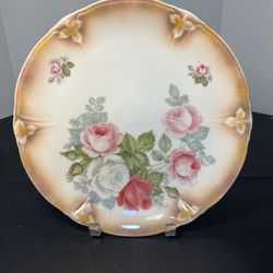 Antique 1900’s Porcelain Beige Hand Painted Roses Dish Plate, Germany, 12"