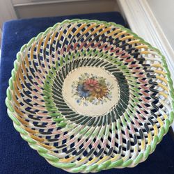 Vintage Spanish Porcelain Woven Twig Basket Bowl 