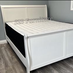 Queen Size White Wood Bed W Ortho Mattress 