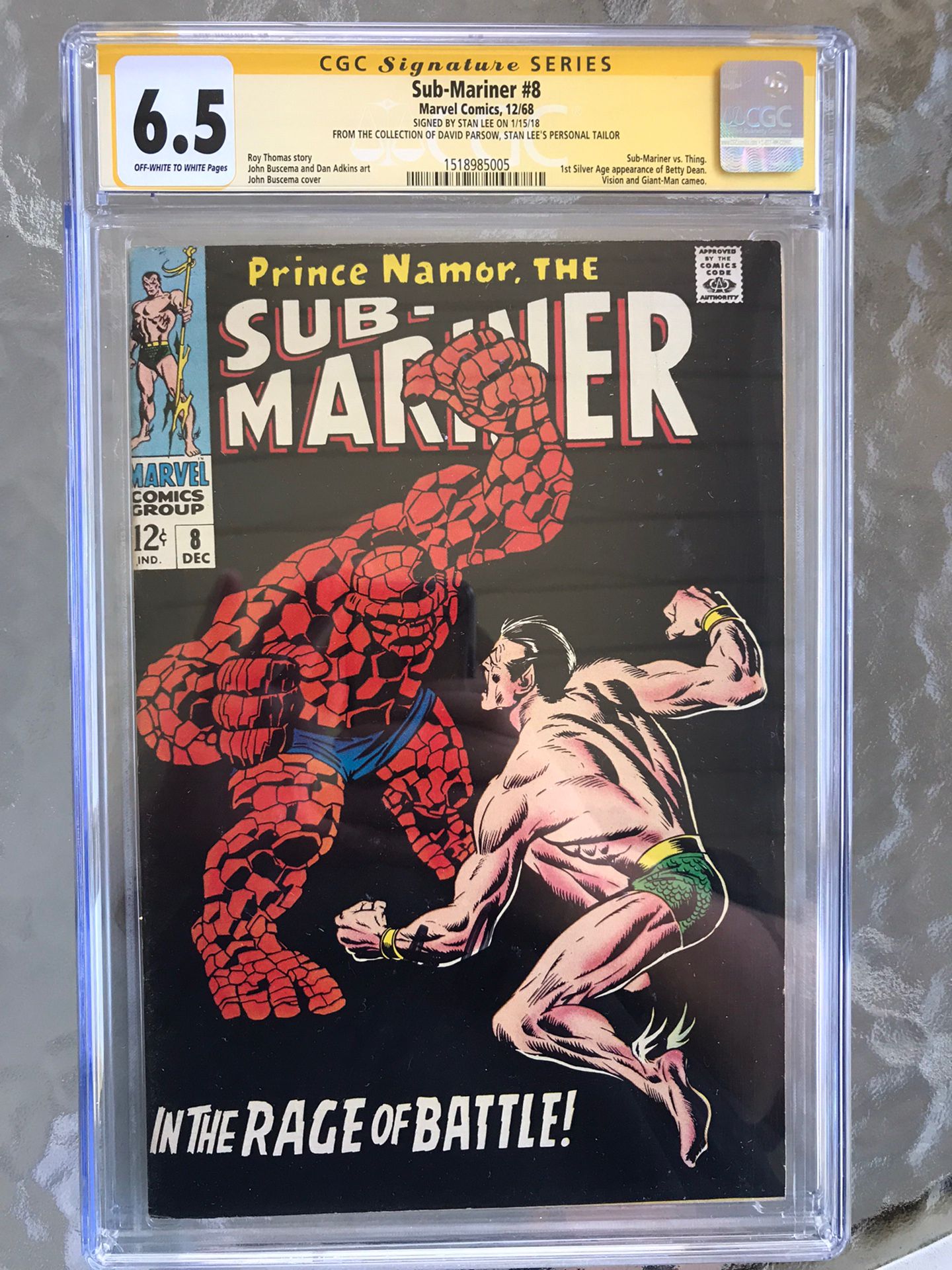 Sub-Mariner #8 (1968) CGC 6.5 — O/w to White; Stan Lee Signature Series (SS)