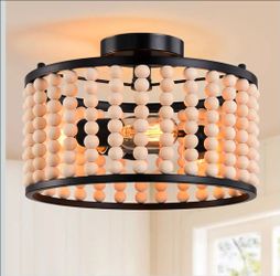3-Light Wood Beaded Chandelier, Semi Flush Mount Ceiling Light