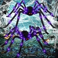 59" LED Purple Light-Up Giant Halloween Spider Decoration - Battery Operated Microfiber Spider for Indoor, Outdoor, Yard - Spooky Fake Scary Hairy Spi
