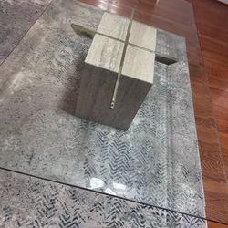 Late 20th Century Travertine Italian Marble Accent Table Glass Top