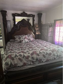 King bed frame wood/leather with more