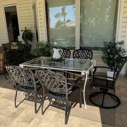Farmhouse Vintage Wrought Iron Table with Glass Top and (6) Chairs