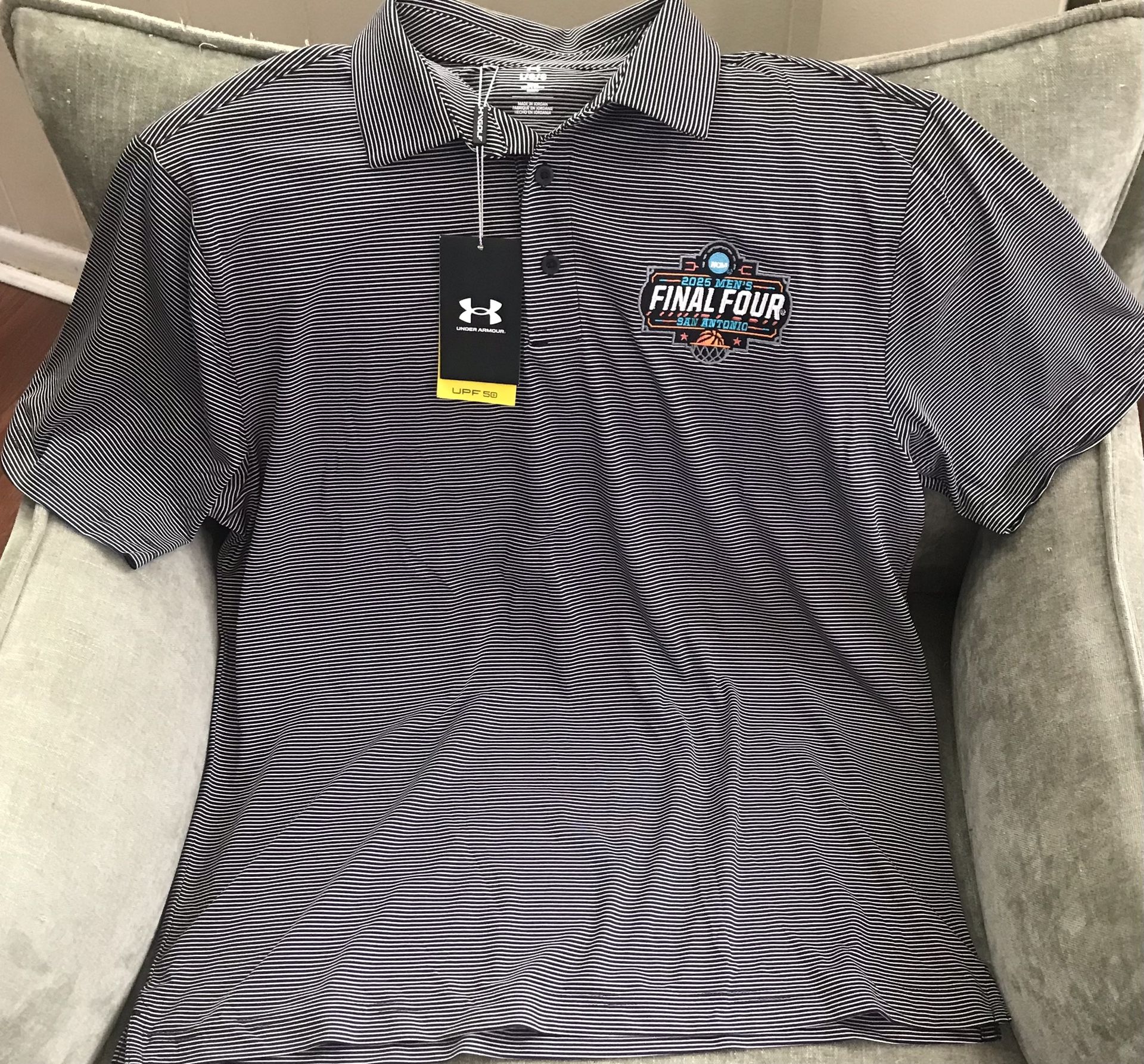 2025 Men’s Final Four Under Armour Striped Polo Shirt, NWT