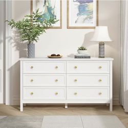 White Dresser for Bedroom, 55 Inch 6 Drawer Dresser with Wide Drawer and Gold Handles, white $160 