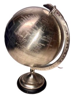 Silver Metallic World Globe Stand Home Goods Decoration Accents Decor Office Engraved Travel Agency Map