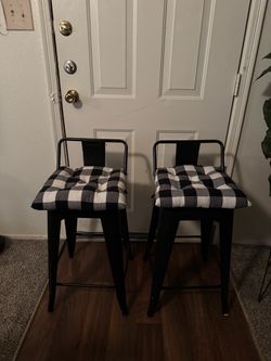 2 Black Metal Bar Stools with Cushions