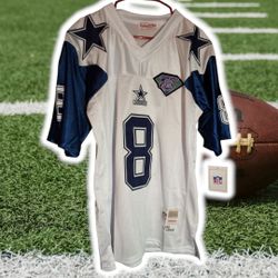 Mitchell & Ness Troy Aikman Dallas Cowboys 1994 Throwback Jersey featuring the NFL 75th Anniversary patch and the iconic double-star shoulder design