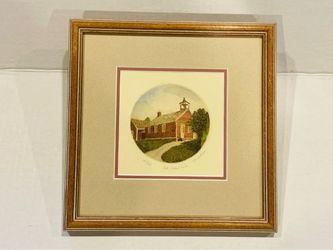 RACHEL BADEAU Vintage Framed Hand Colored “Old Schoolhouse” Print- 10 x 10"
