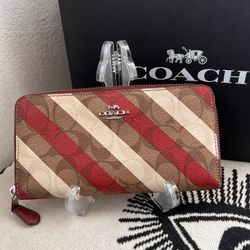 COACH Signature Coated Canvas Diagonal Stripe Large Corner Zip Wallet
