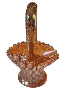 Vintage Iridescent Marigold Carnival Glass Basket, Weave Pattern, Dugan
