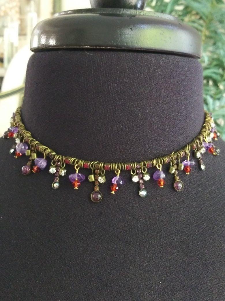 SORRELLI VINTAGE PURPLE CRYSTAL CHOKER NECKLACE~17~19 in.