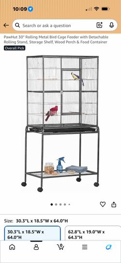 PawHut 30" Rolling Metal Bird Cage Feeder with Detachable Rolling Stand, Storage Shelf, Wood Perch & Food Container