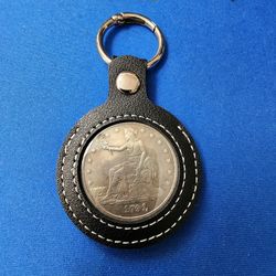 KEYCHAIN: 1791 Trade Dollar Style – Silver-Plated Coin Design in Leather Holder