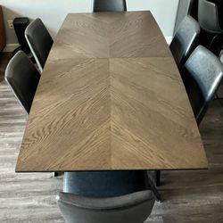 Modern wood expandable dining table + 6 dark blue swivel chairs