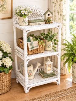 Vintage White Wicker Three Tiers Shelf