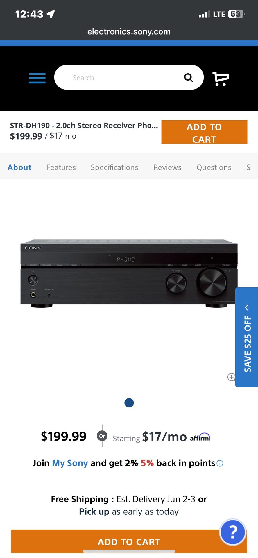 STR-DH190-2.0 Inch Stereo Receiver Phono Input And Bluetooth
